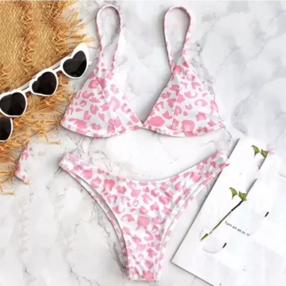 CLEARANCE Pink Leopard Animal Printed Triangle 2PC Bikini - Picture 1 of 4